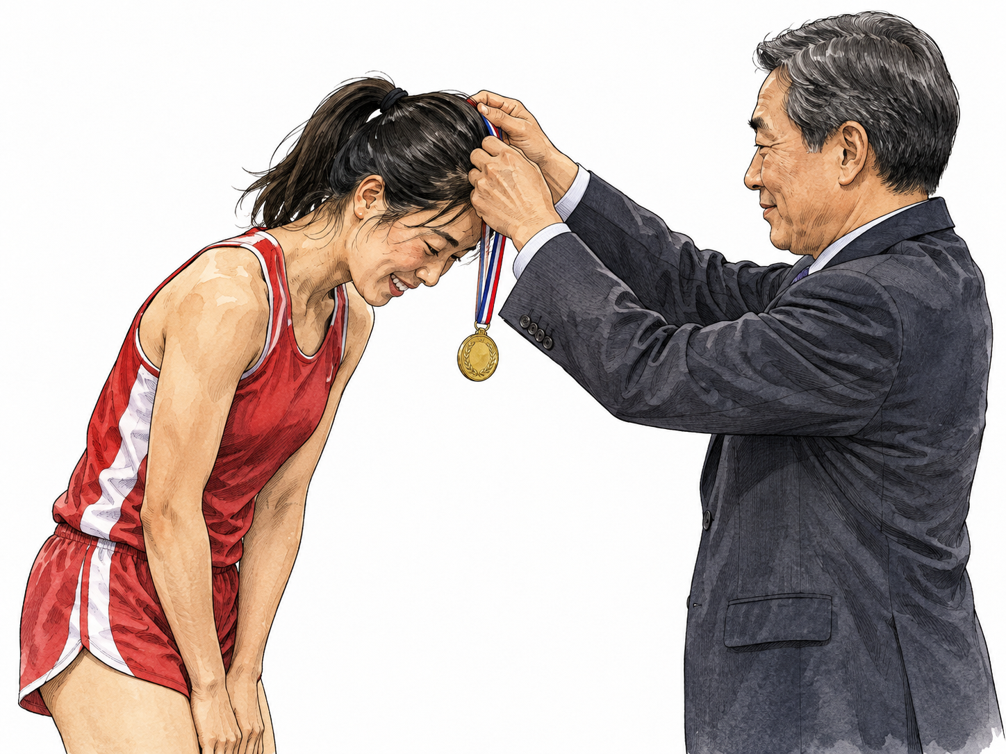 East Asian runner receives small gold medal on ribbon.