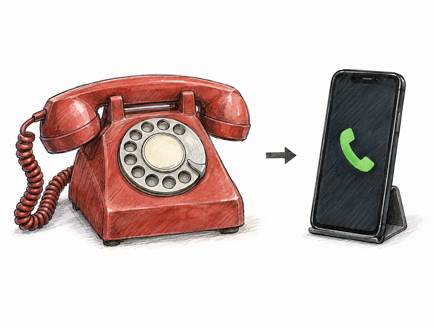 A rotary telephone shown as the earlier counterpart of a modern smartphone, connected in a compact chronological comparison.