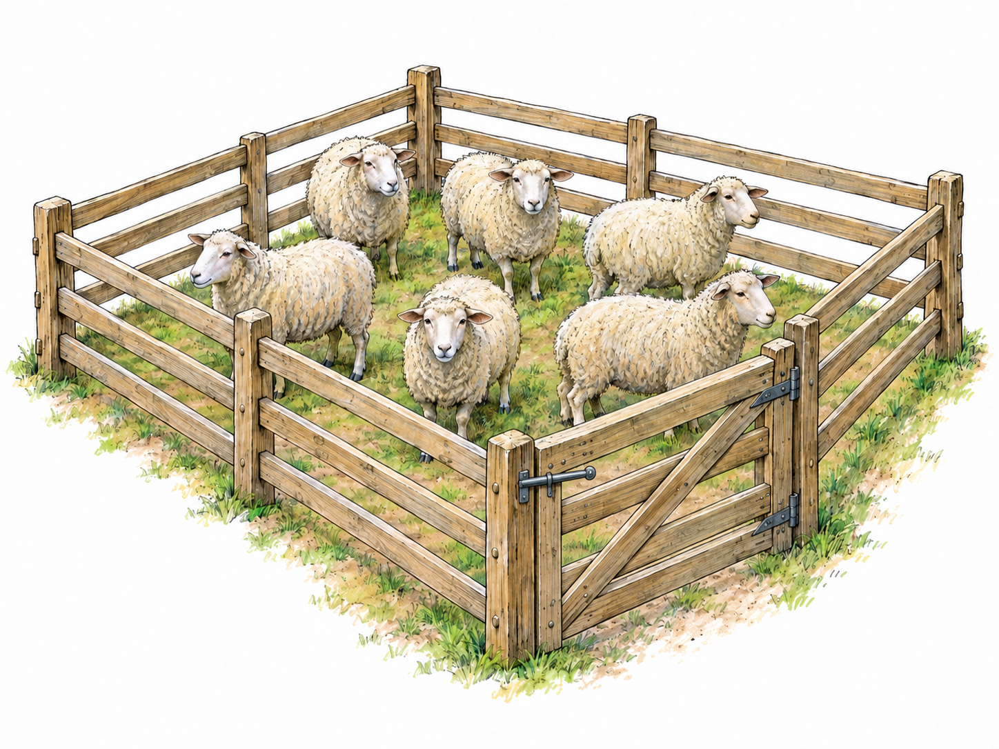 A small flock of sheep contained within a clearly bounded timber pen, with a closed gate and the entire enclosure visible from a slightly elevated viewpoint.