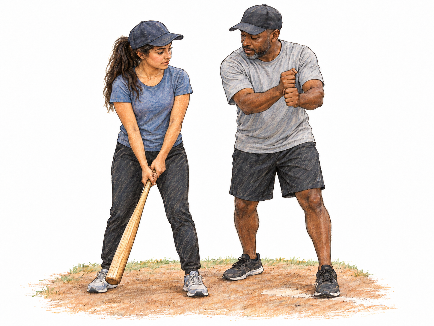 A new member of a recreational baseball team learns how to grip a baseball bat while an experienced teammate demonstrates hand placement beside her.