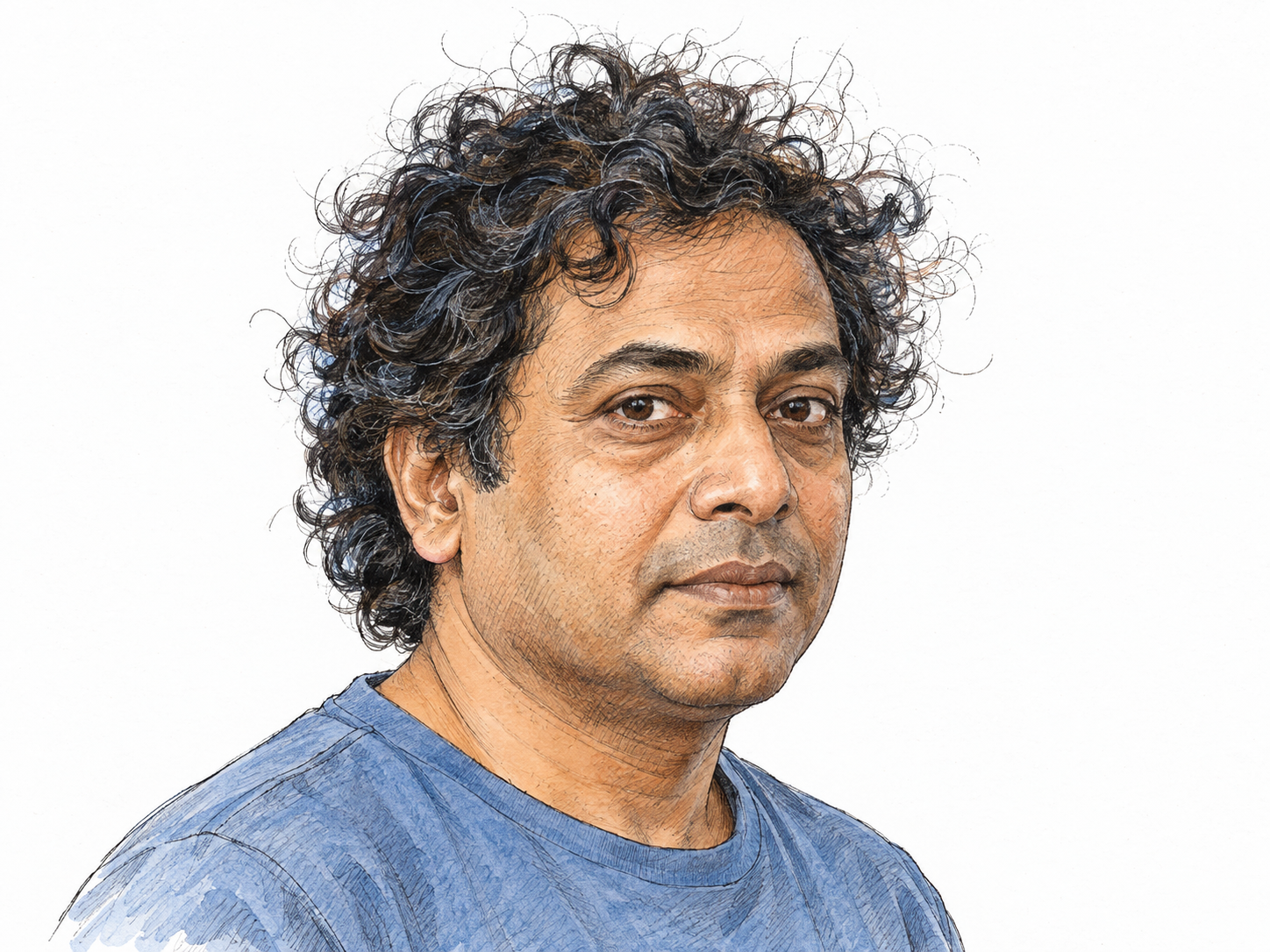 A close head-and-shoulders portrait emphasizing loose, fuzzy flyaway hairs and irregular tight curls around a man's crown and temples.
