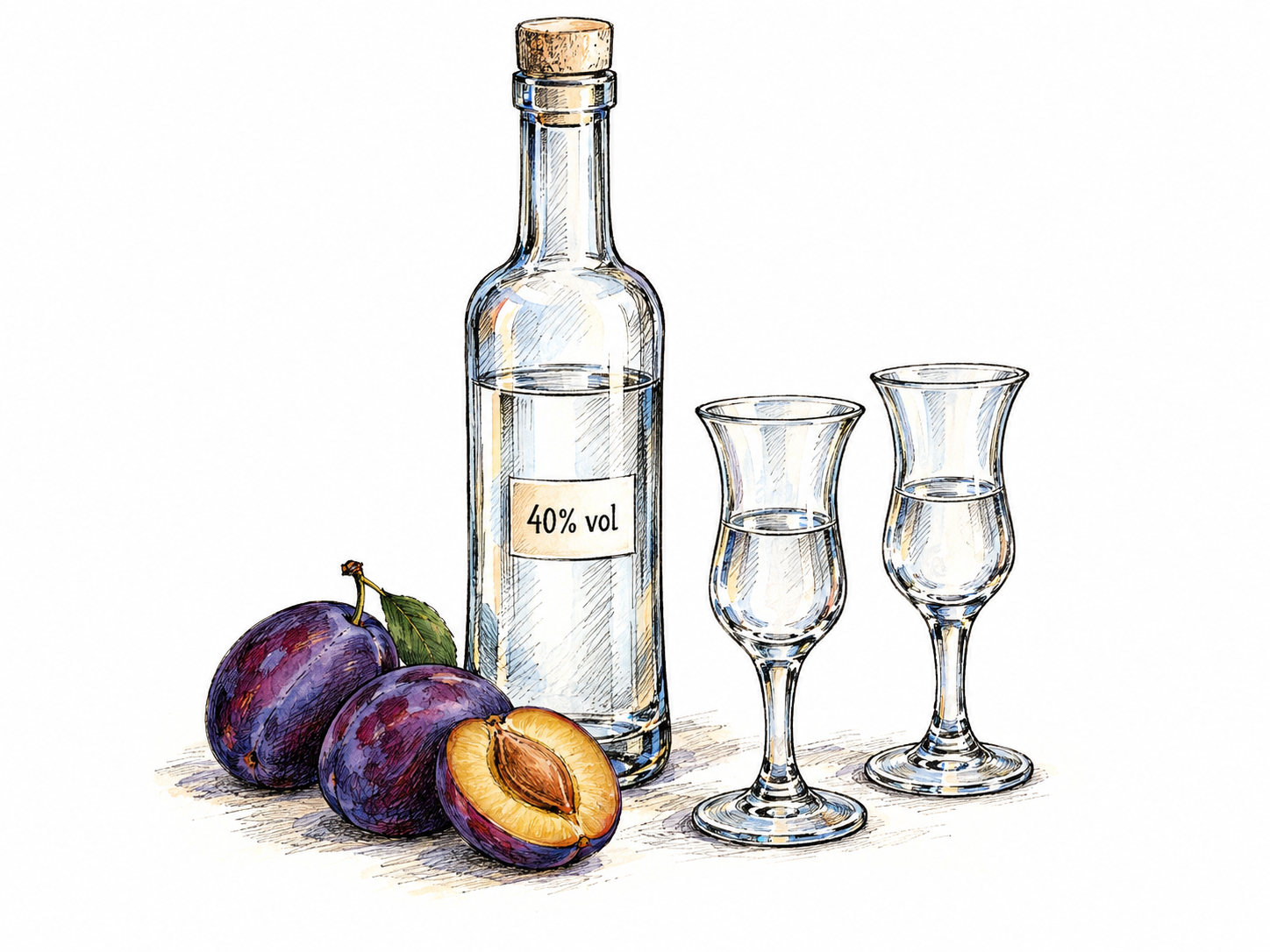 A clear spirits bottle marked only “40% vol” beside two small schnapps glasses, with ripe plums and a cut plum grouped at its base.