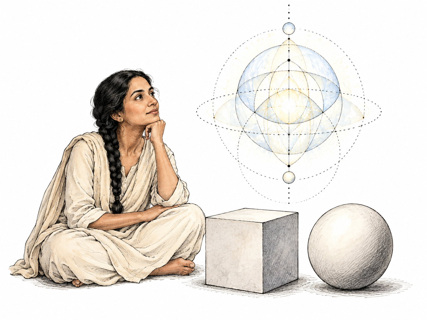 Contemplative woman seated calmly beside plain cube and sphere representing physical forms; above, subtle open luminous geometry extends beyond their boundaries as imagined nonphysical reality.