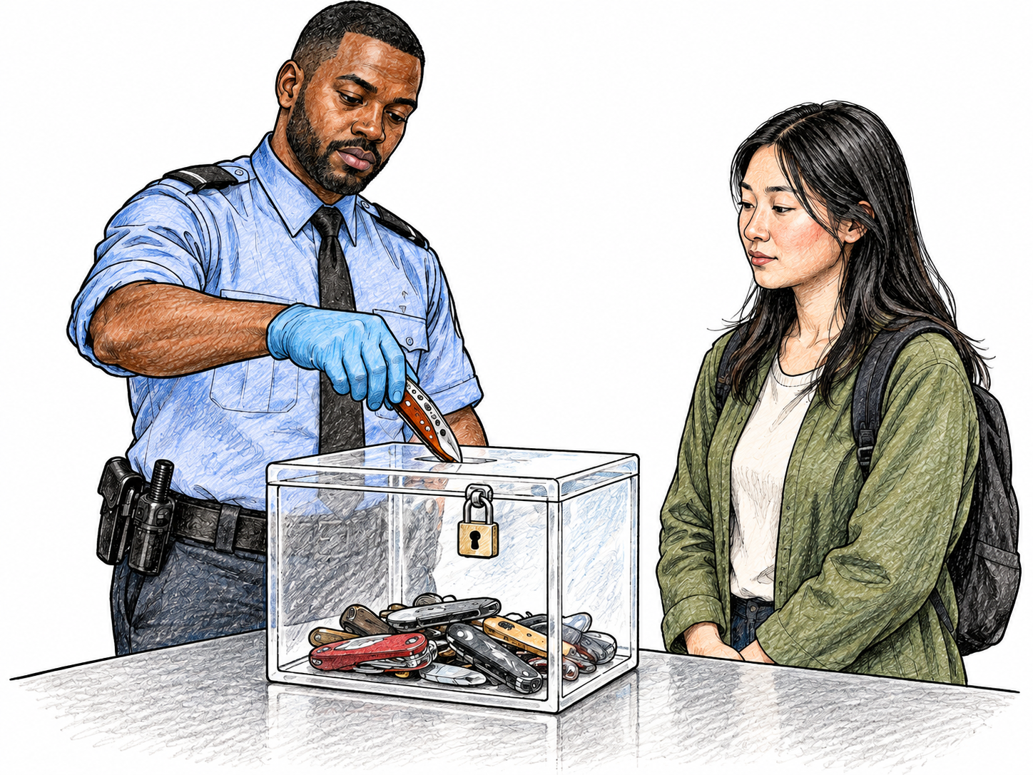 Airport security officer places a surrendered pocketknife into a locked transparent collection box while owner watches calmly; no violence, clear authoritative taking, no labels or insignia.