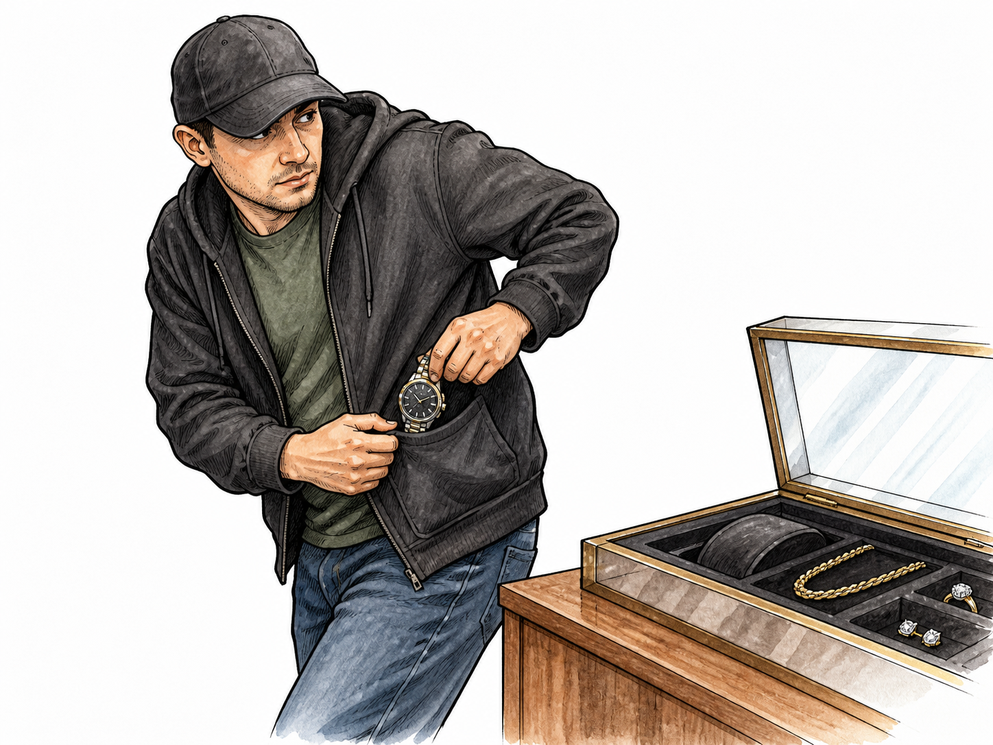 An adult thief furtively puts another person's watch into a pocket beside an open jewelry case, no ethnic coding.