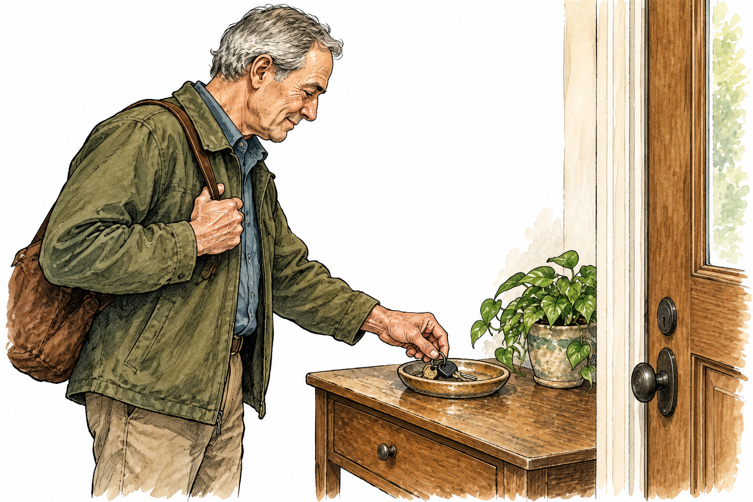 An older man automatically checking his keys in the same worn dish by the door, established routine conveyed by polished worn place and practiced gesture, no writing.