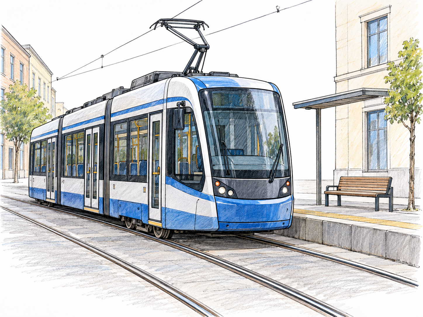 A modern electric tram on rails embedded in a city street, with its overhead power connection and a curbside passenger stop clearly visible.