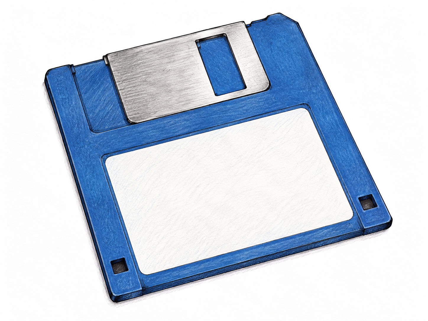 Single recognizable 3.5-inch computer floppy diskette, square blue plastic shell, metal sliding shutter and blank white label, isolated angled object on white; no words or brand.