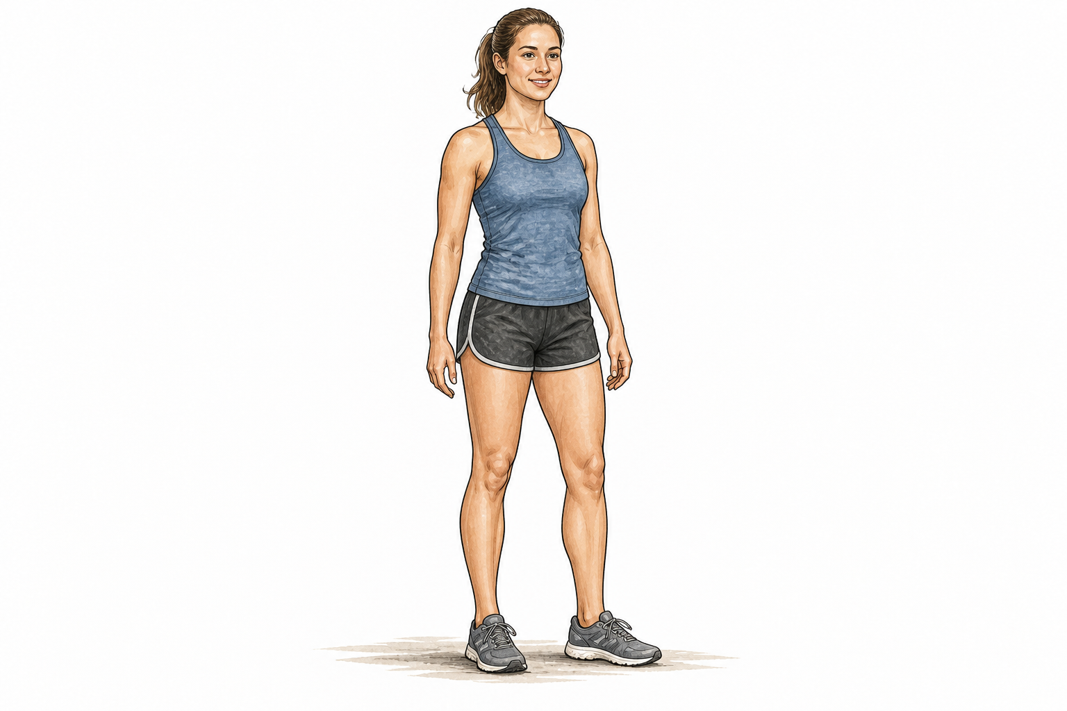 Full-length adult in modest athletic clothing showing natural coherent human body.
