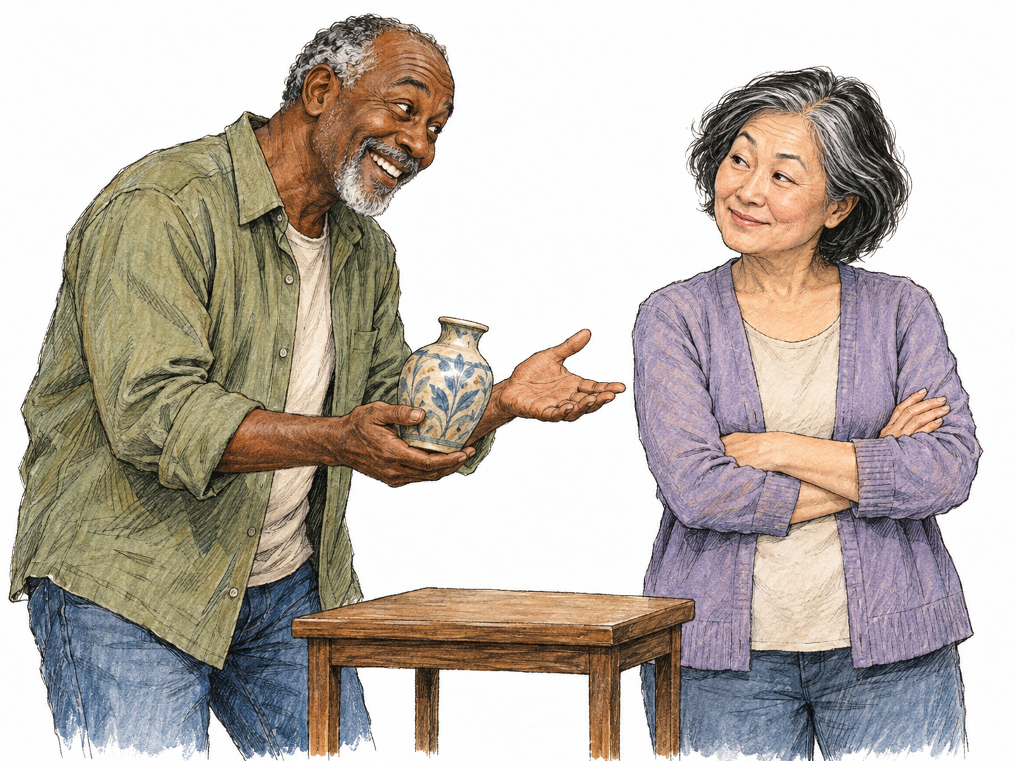 An older man uses exaggerated admiration and charming conversation to persuade an older woman to buy a modest secondhand vase; her amused but skeptical expression suggests she recognizes the flattery.