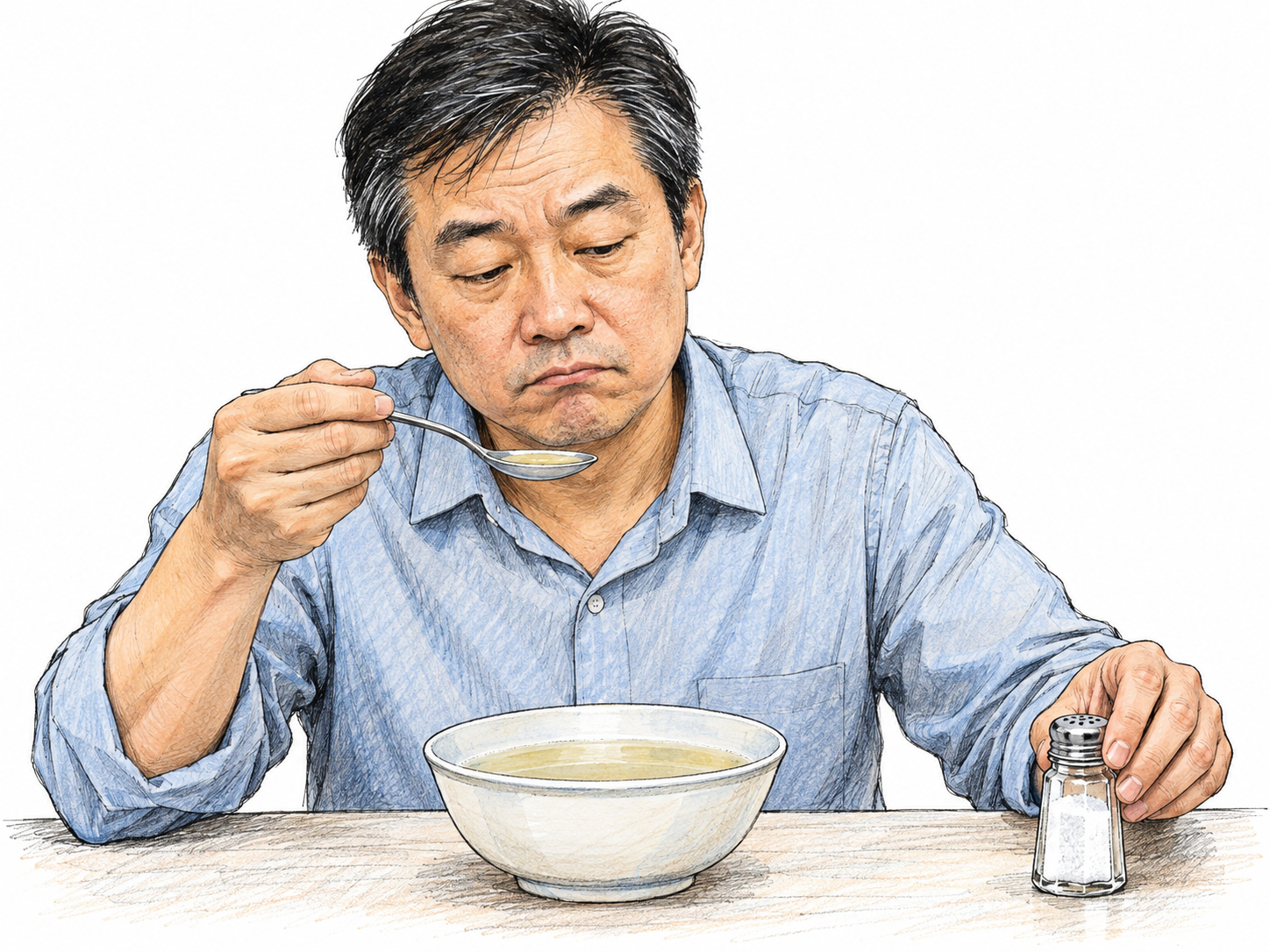 An unimpressed diner tastes a thin, nearly featureless soup and reaches for salt, emphasizing blandness rather than disgust.