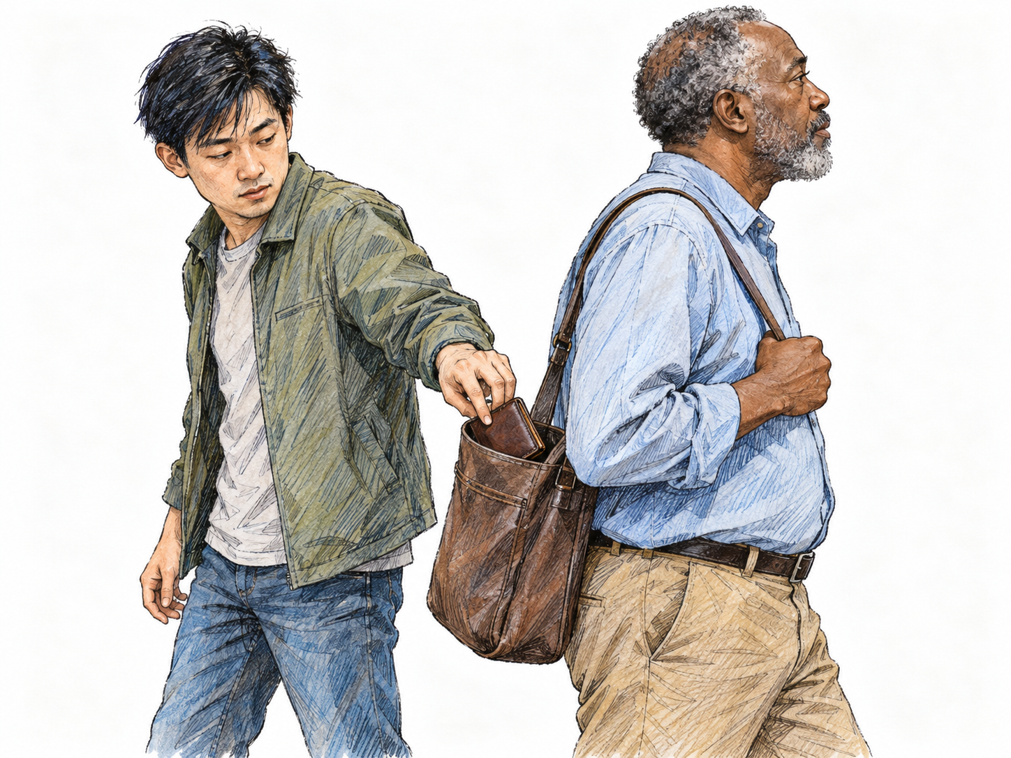 A young adult man covertly steals a wallet from an older man's open shoulder bag while the owner looks away, making the wrongdoing directly visible.