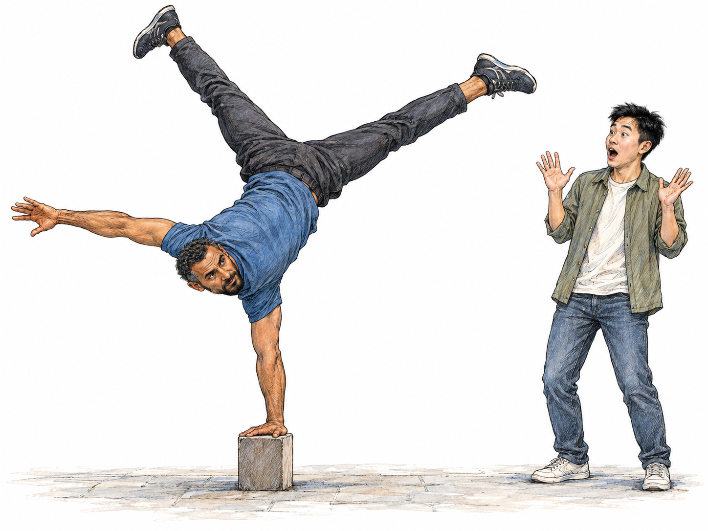 A street acrobat holds a spectacular one-handed handstand on a low balancing block while a nearby spectator reacts with wide-eyed, open-mouthed amazement.