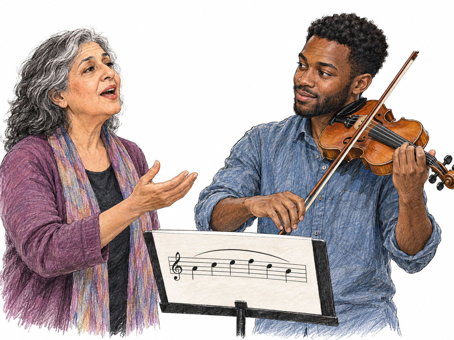 A violinist shapes a lyrical phrase alongside a singer modeling it, with a short, continuously slurred musical phrase on their shared score reinforcing smooth, singing delivery.