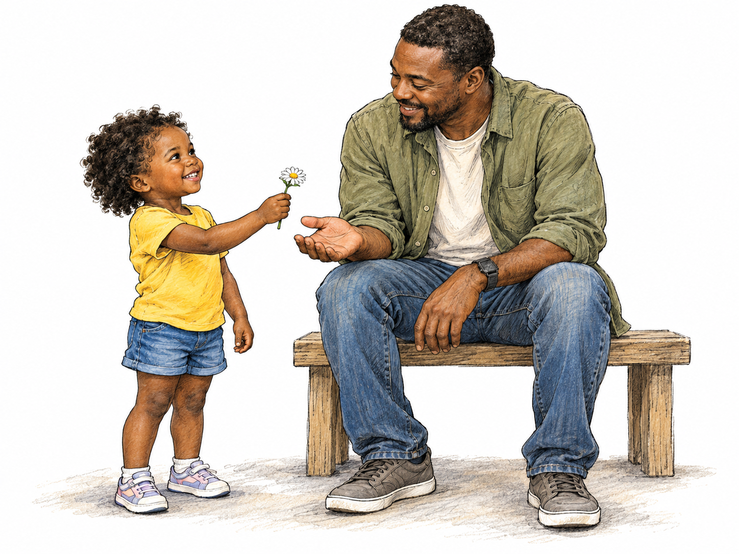 An endearing small child stands beside a seated father, proudly offering him a tiny daisy.