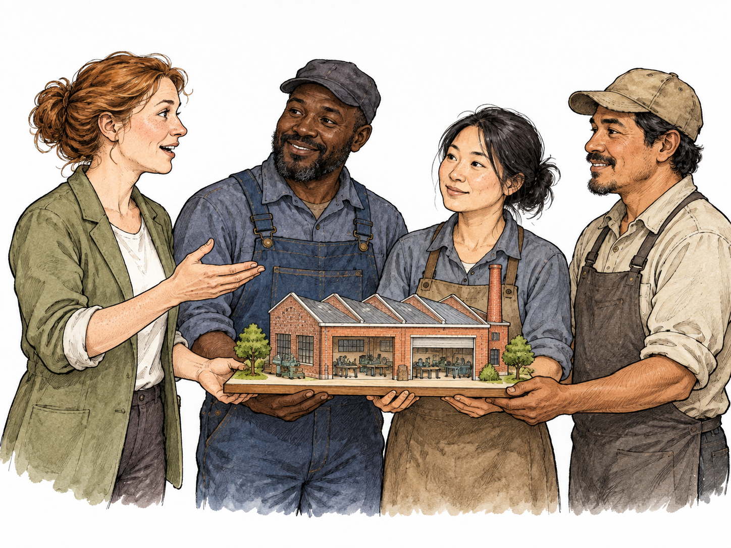 An adult publicly advocates a community-owned factory by presenting a small workshop model equally held by several ordinary workers; no party symbols or slogans, focus collective ownership.
