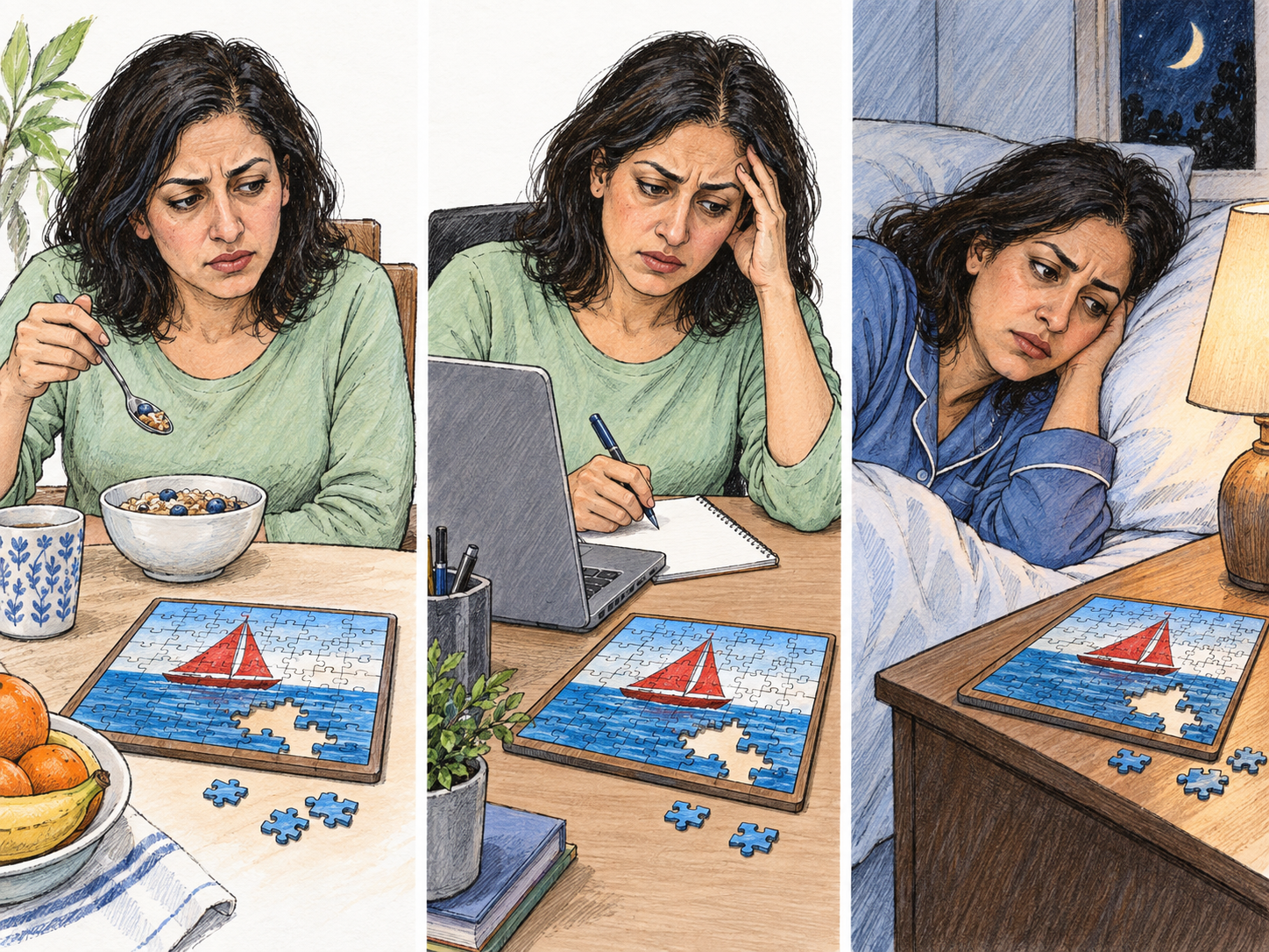 A difficult unfinished jigsaw puzzle obsesses a woman: across breakfast, work and bedtime, her attention remains painfully captured by the same puzzle while ordinary activities go unfinished.