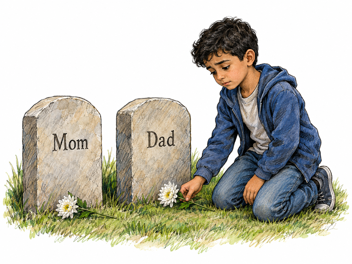 A young child stands alone before two adjacent graves marked “Mom” and “Dad,” placing a flower on each.
