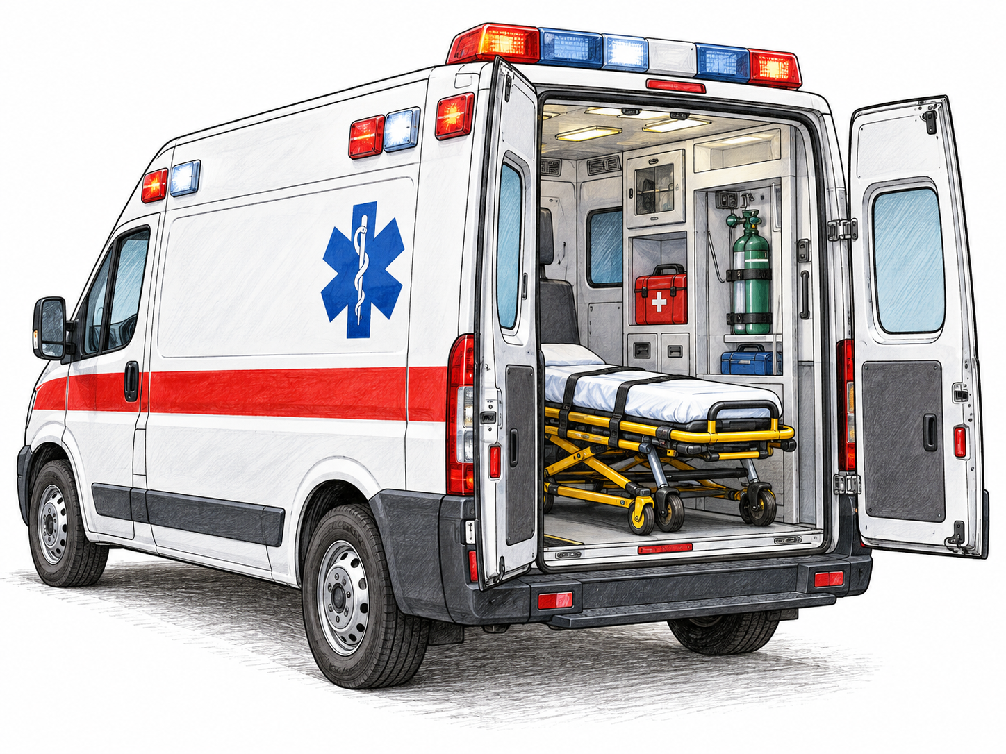A clearly equipped ambulance van has emergency lights, a simple medical star symbol and an open rear showing stretcher; no branding, patient or word labels.