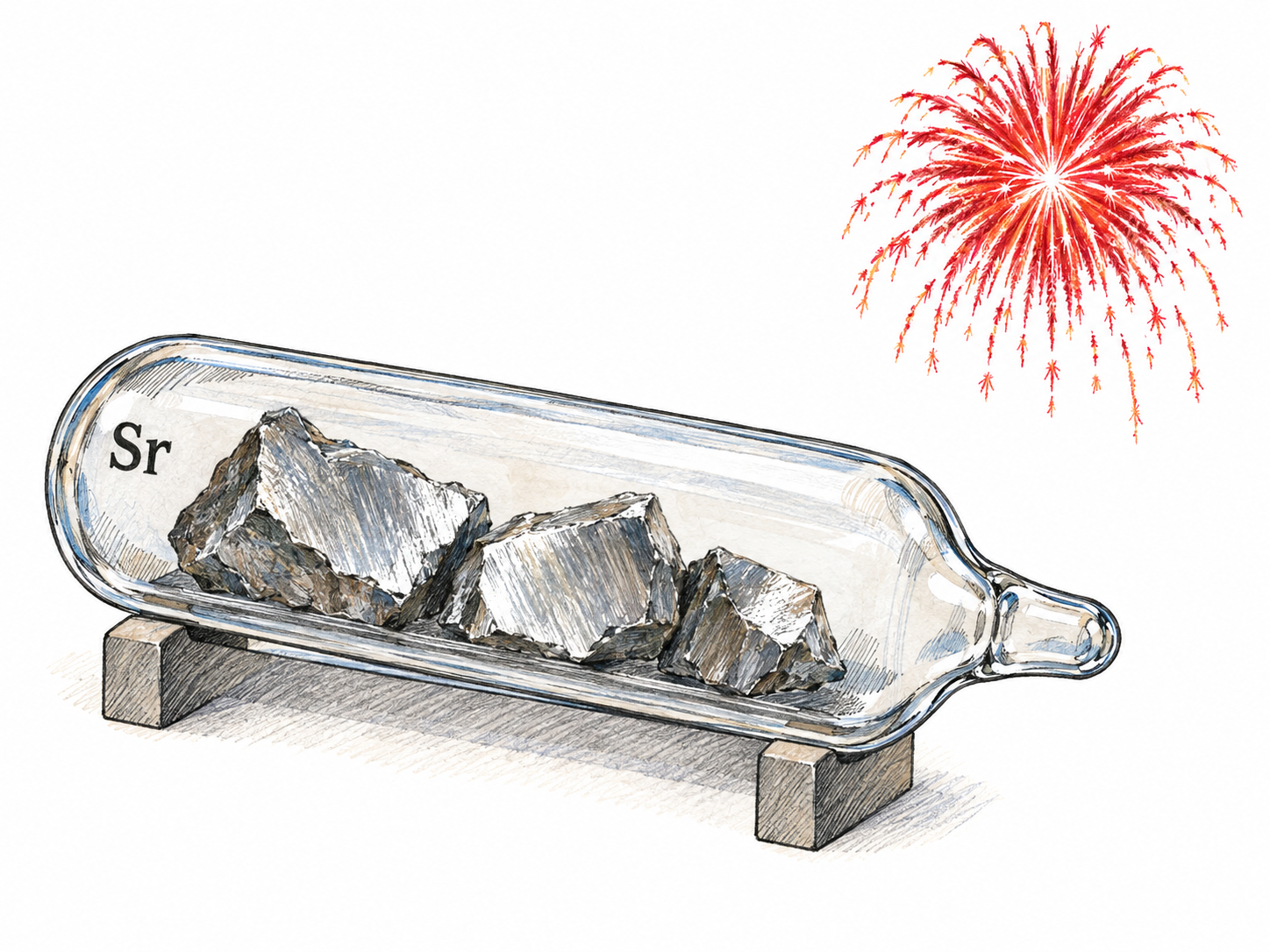 A silvery strontium metal specimen in a sealed inert-gas sample ampoule, identified only by the intrinsic chemical symbol Sr, with a small crimson firework burst suggesting its compounds' familiar application.
