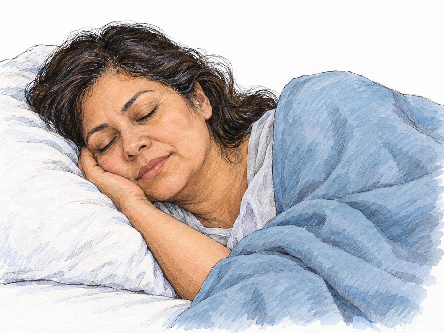A woman sleeps peacefully on her side in bed, her closed eyes, relaxed face, and loosely resting hand clearly visible above a softly draped blanket.
