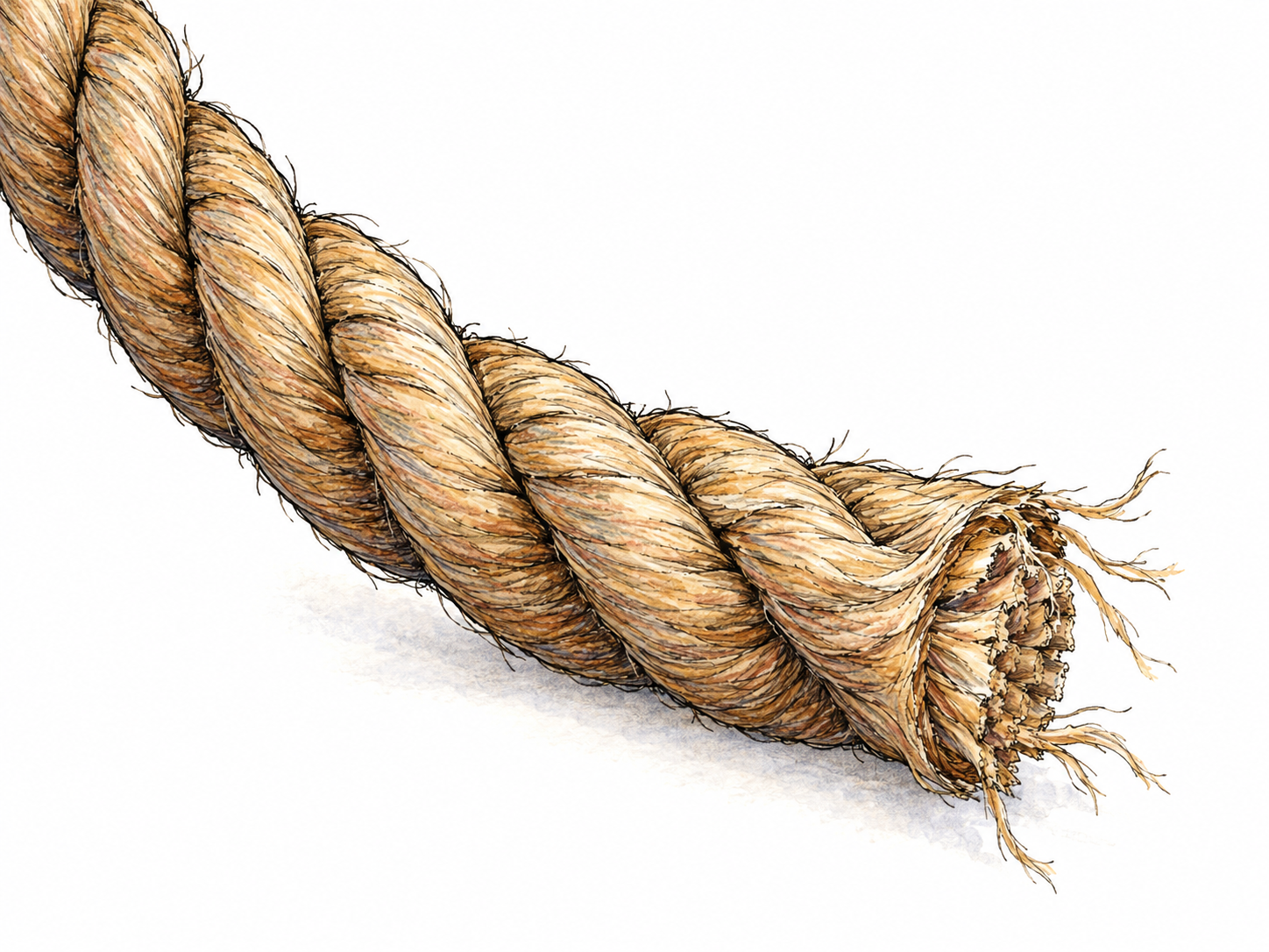 A thick rope curves in from outside the frame and terminates prominently in the foreground, with its blunt cut tip and a few loose fibers clearly visible.