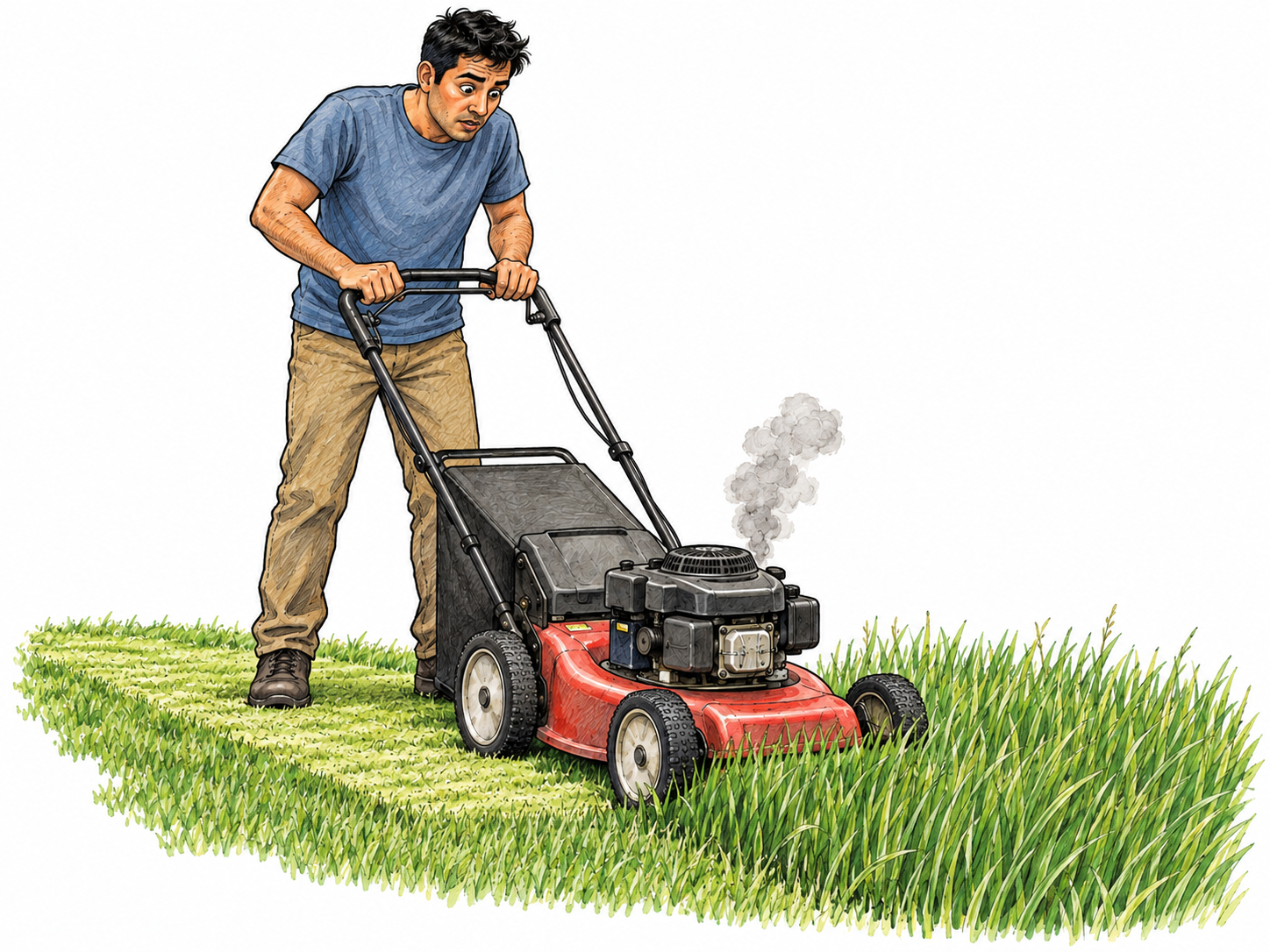 A powered lawn mower has abruptly stalled halfway through cutting a strip of grass.