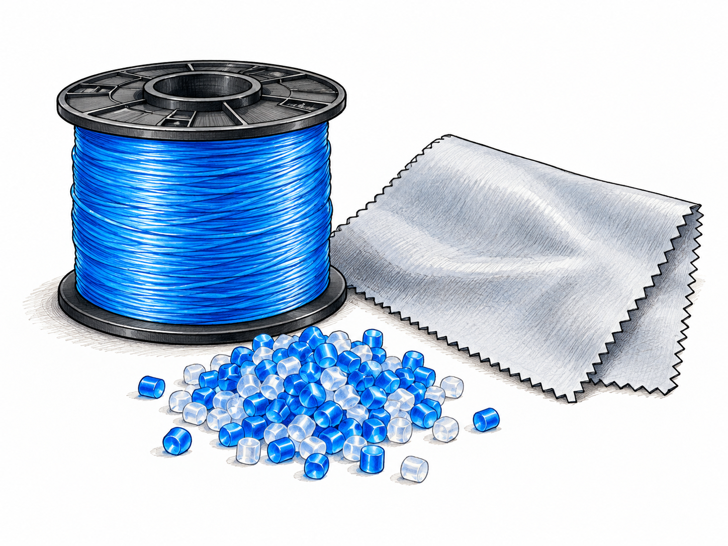 A spool of bright polyester filament beside a plain synthetic-fabric swatch and small manufactured polymer pellets, manufactured textile material rather than natural cotton or wool, no labels.