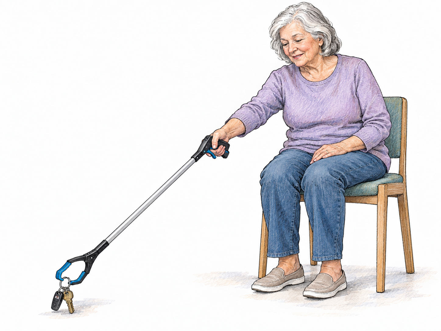 A long-handled reacher proves useful to an older woman by gripping a dropped key ring on the floor while she remains seated comfortably in a chair.
