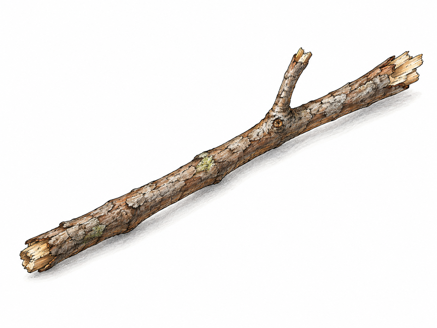 Single slender natural broken tree stick with bark and one small side twig, lying diagonally on white with restrained contact shadow; no rock, frog or landscape.