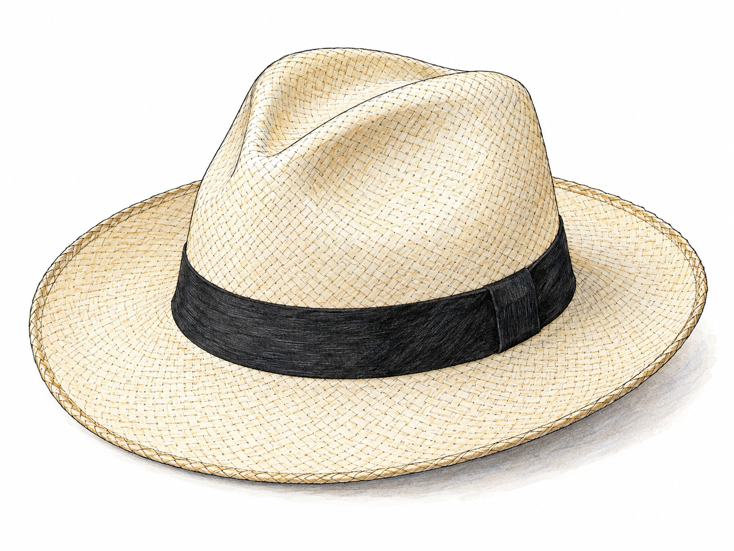 A single classic Panama hat shown in three-quarter view, with finely woven ivory straw, a pinched and creased crown, a broad gently curved brim, and a plain dark ribbon.