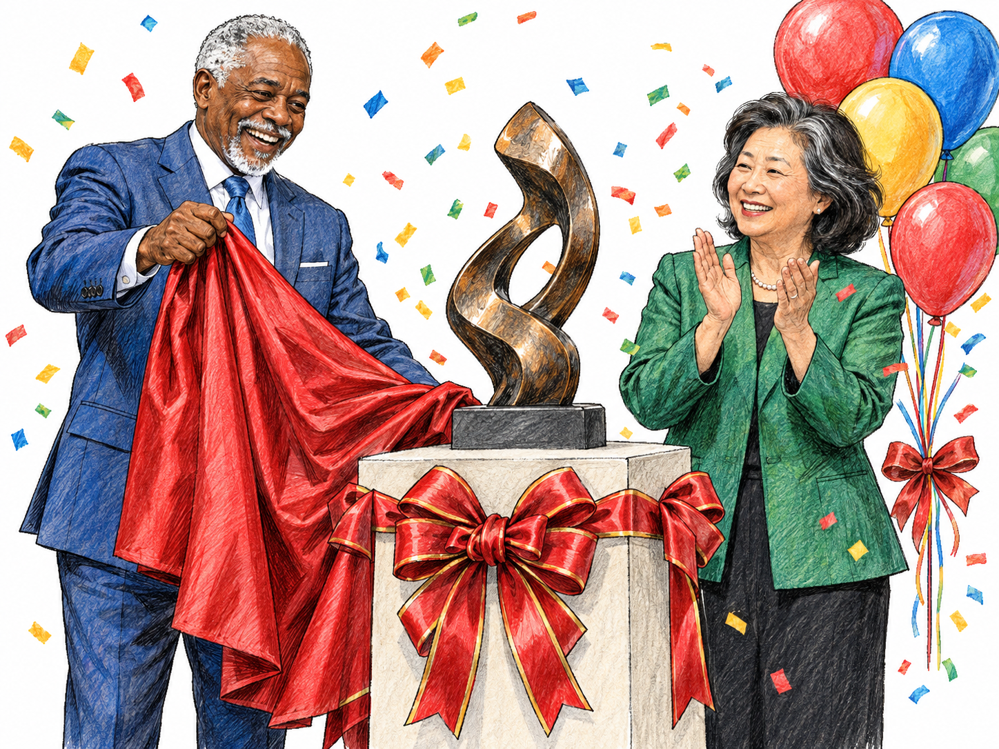 An elaborate unveiling combines applause, bows, balloons and confetti.