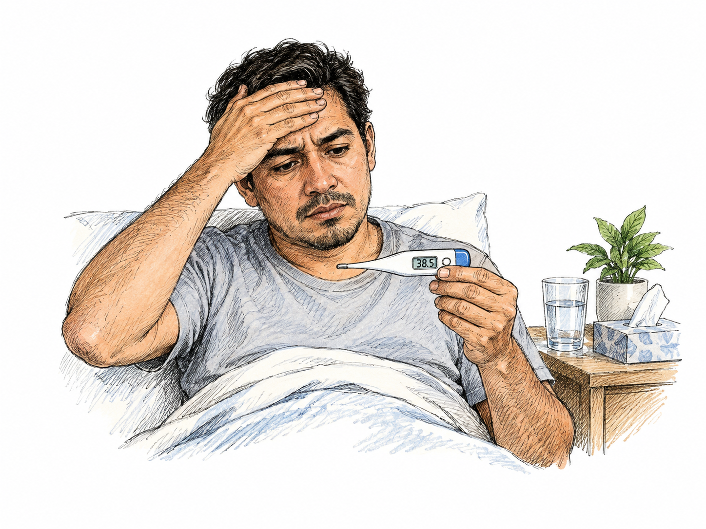 Person touches warm forehead while checking a digital thermometer reading38.5, signs of fever, calm neutral clinical vignette, no diagnosis label.