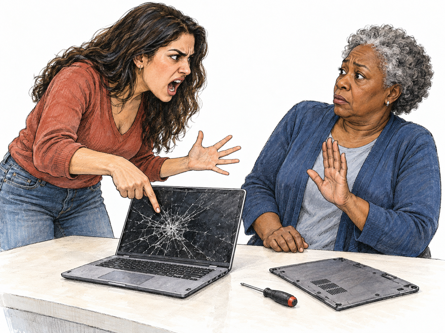A visibly furious customer loudly berates a repair-shop representative over a damaged laptop, pointing emphatically at its shattered screen as the representative recoils from the outburst.