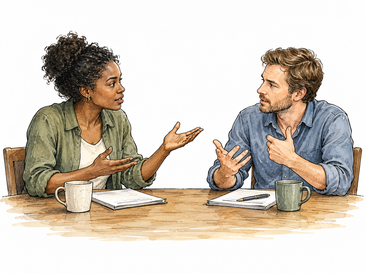 A Black woman and white man discuss competing viewpoints with measured gestures across a table.