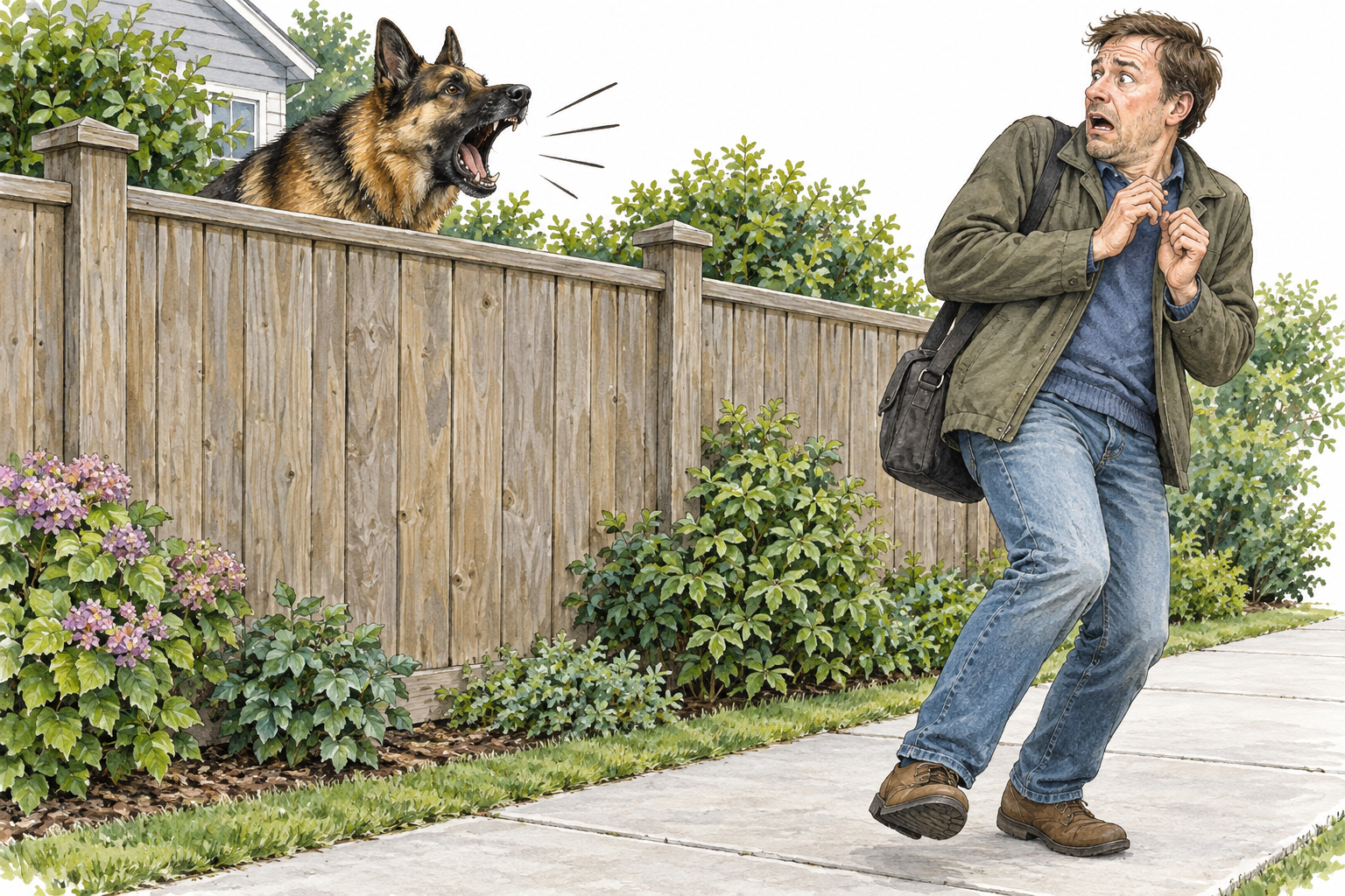 An unexpected large dog barking behind a secure fence makes a passerby recoil with intense fright.