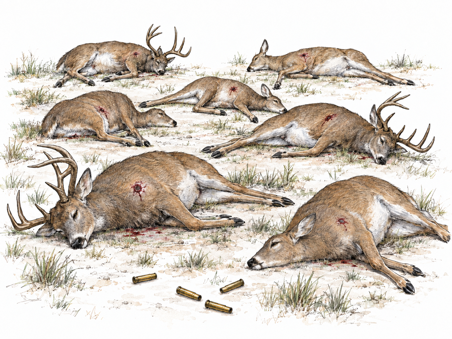 The aftermath of indiscriminate mass killing: numerous deer lie dead together in a small clearing, with restrained visible gunshot wounds and scattered spent cartridge cases.