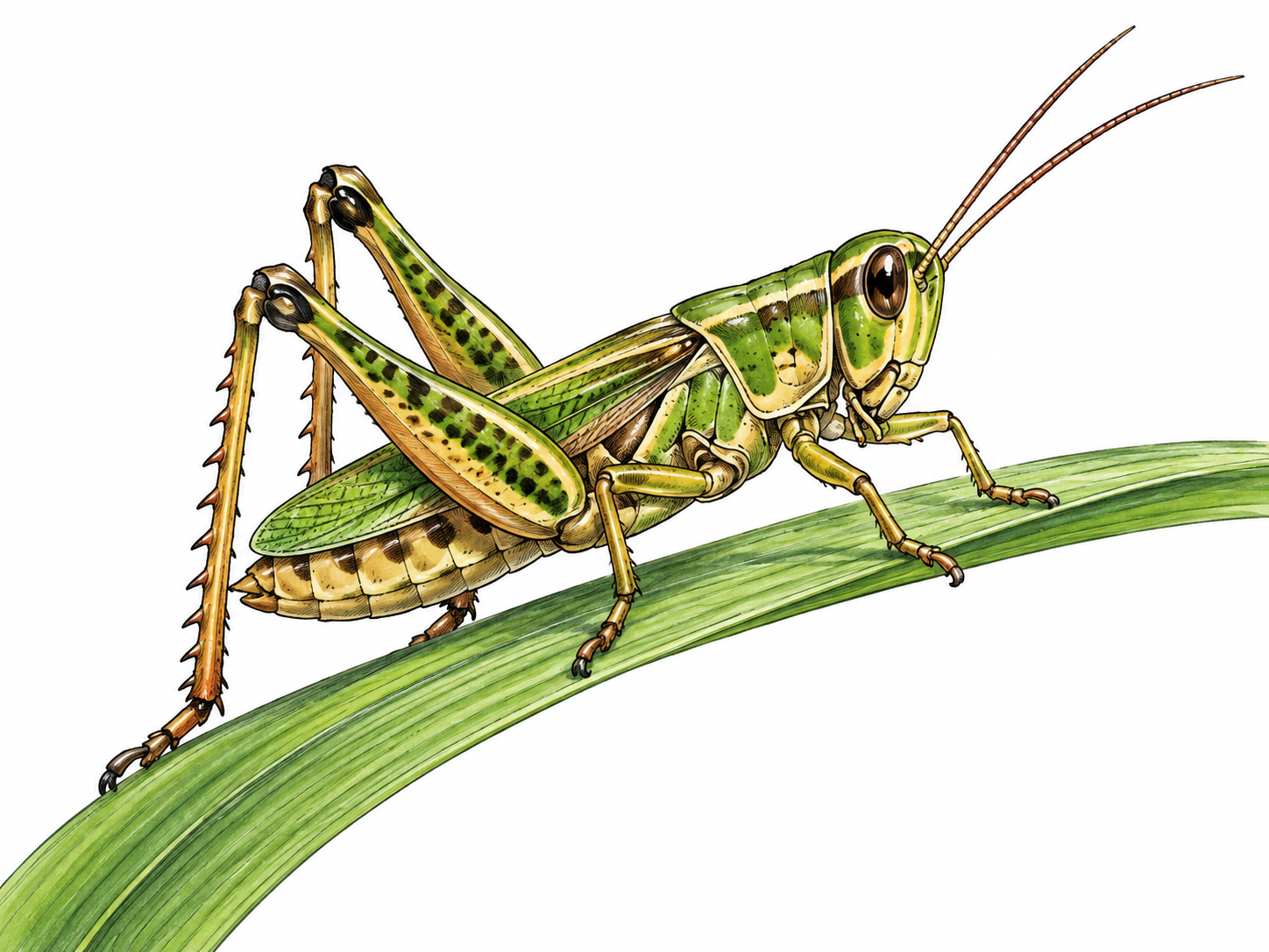 A grasshopper perches on a grass blade with six legs, enlarged bent hind legs and two antennae; accurate insect anatomy.