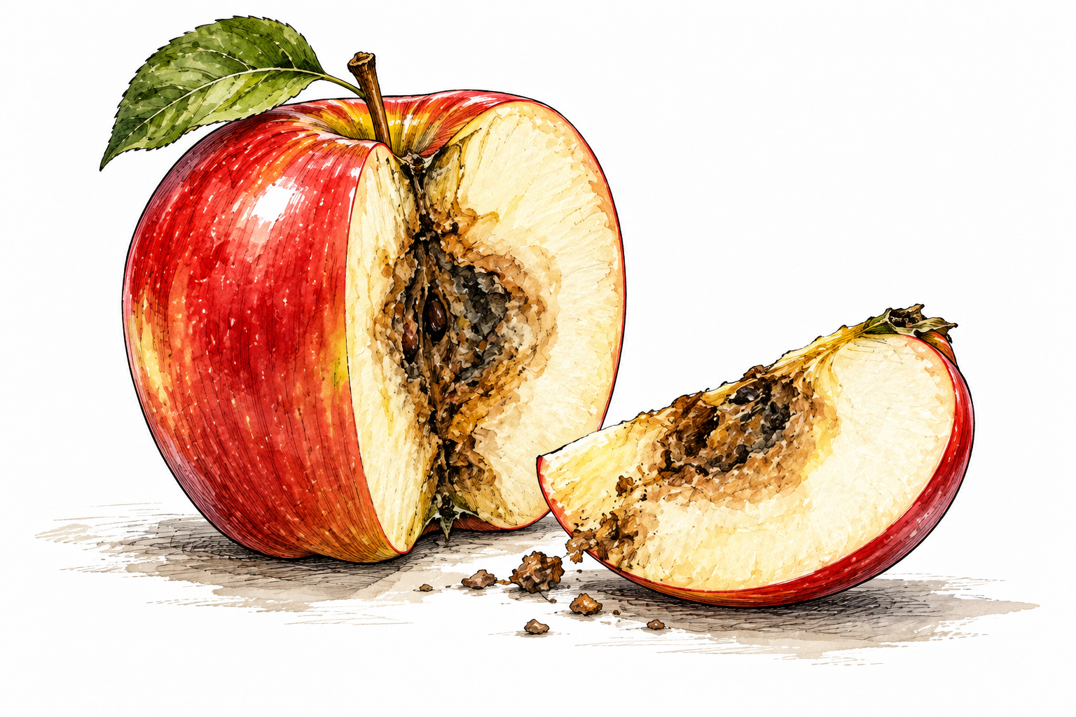 A beautiful polished apple sliced open reveals hidden rotten core, false attractive impression, no lettering.