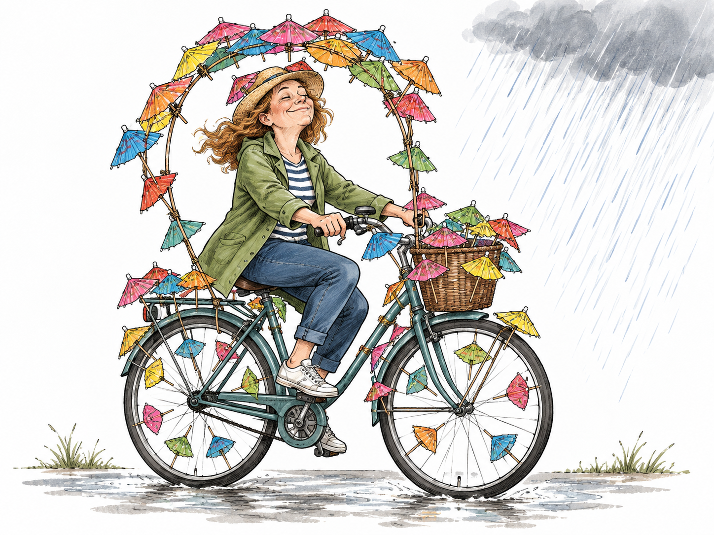 An adult attempts an extremely impractical plan to keep rain away by attaching many tiny cocktail umbrellas to a bicycle, looking absurdly confident.