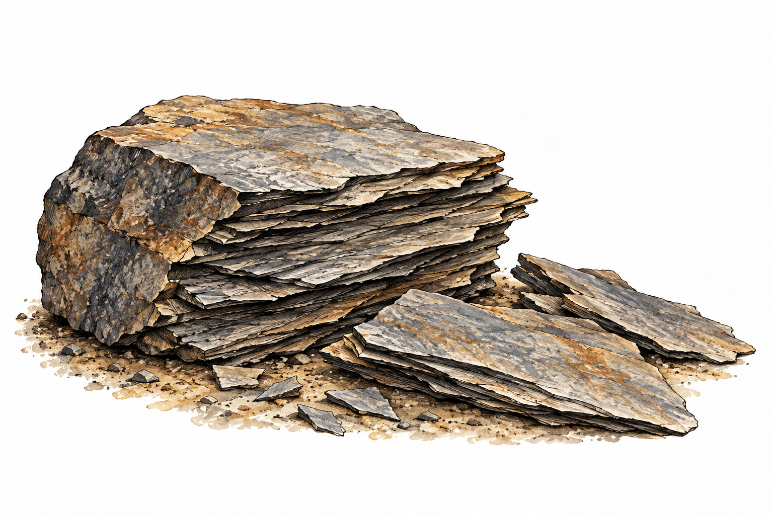 Shale rock split into thin flat layers, geological specimen.