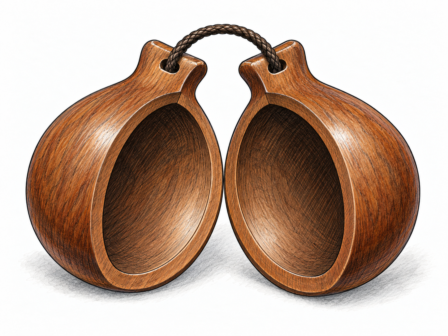 A close, unobstructed view of wooden castanets: two small concave shell halves joined by a short cord, opened slightly to reveal the hollow interiors and opposing rims.