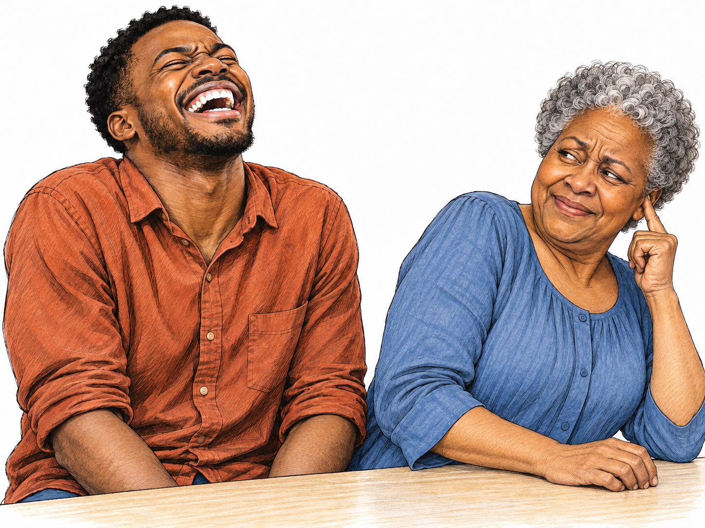 A man laughs with mouth wide open while a companion reacts.