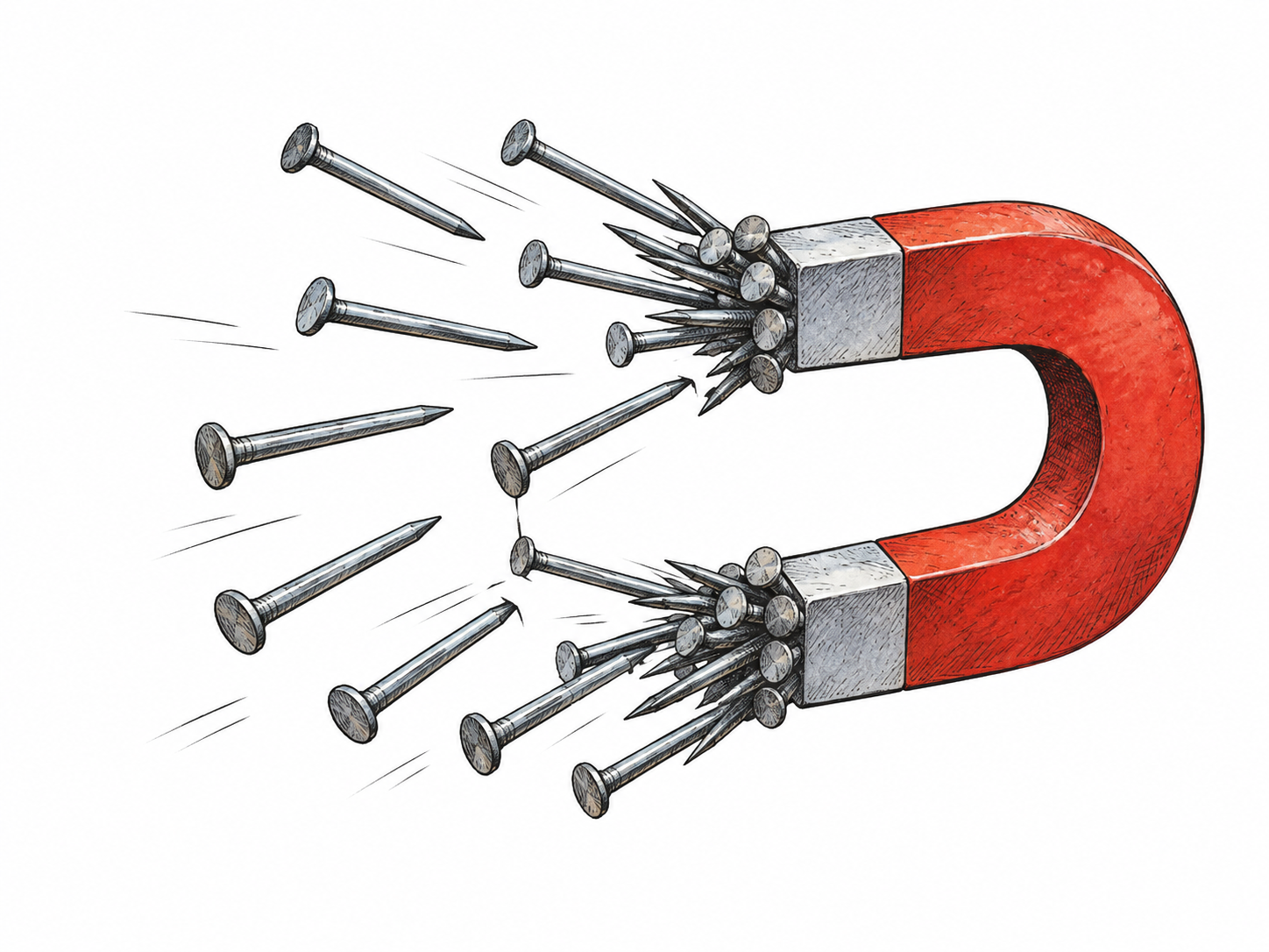 Small horseshoe magnet strongly attracts a cluster of iron nails across visible gap, nails aligned toward both poles; concentrated strong effect, simple ink object study, no labels.