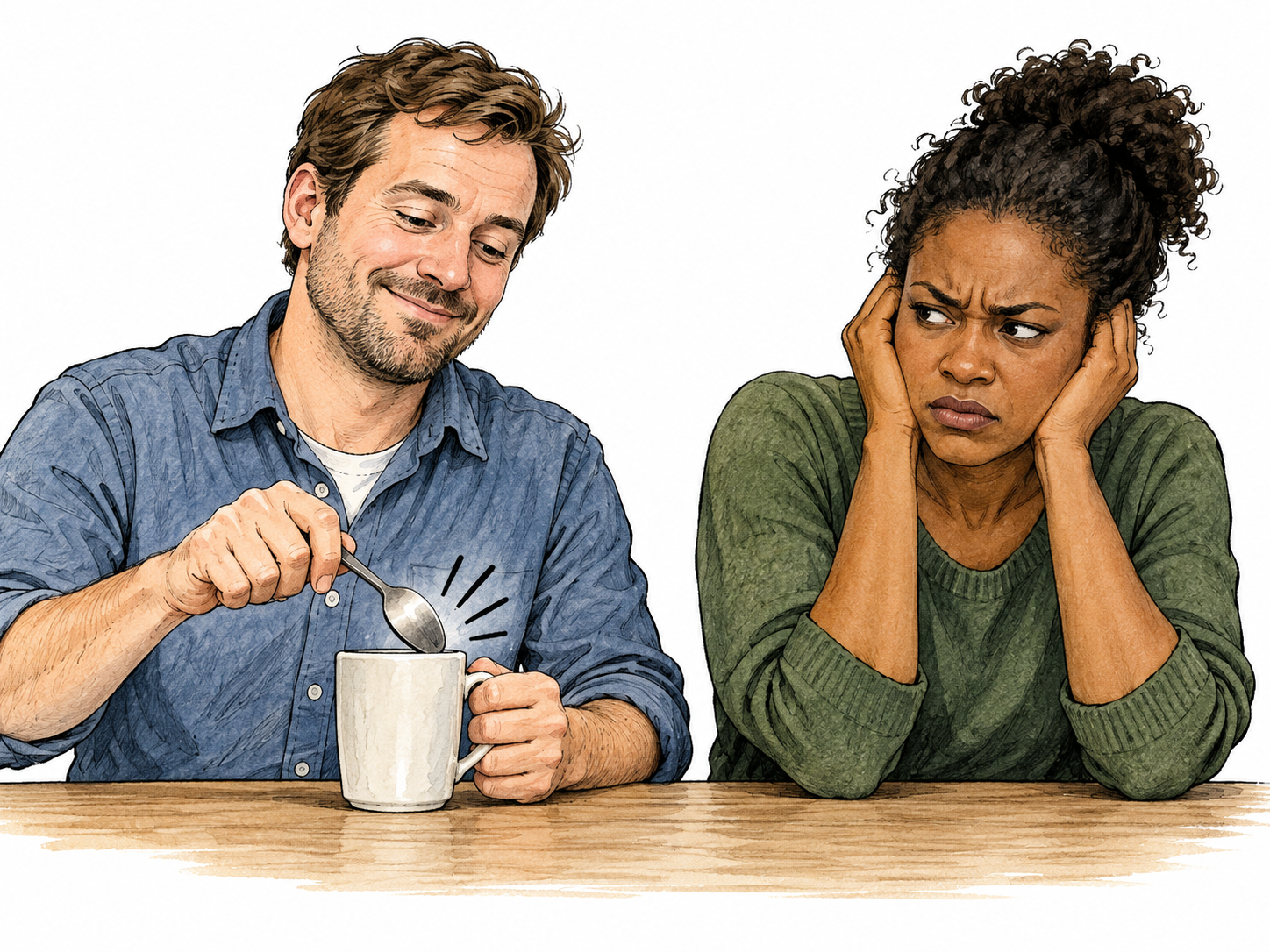 An adult repeatedly taps a spoon against a cup while another becomes visibly annoyed and tense, irritation cause and reaction clear, no sound-effect words.
