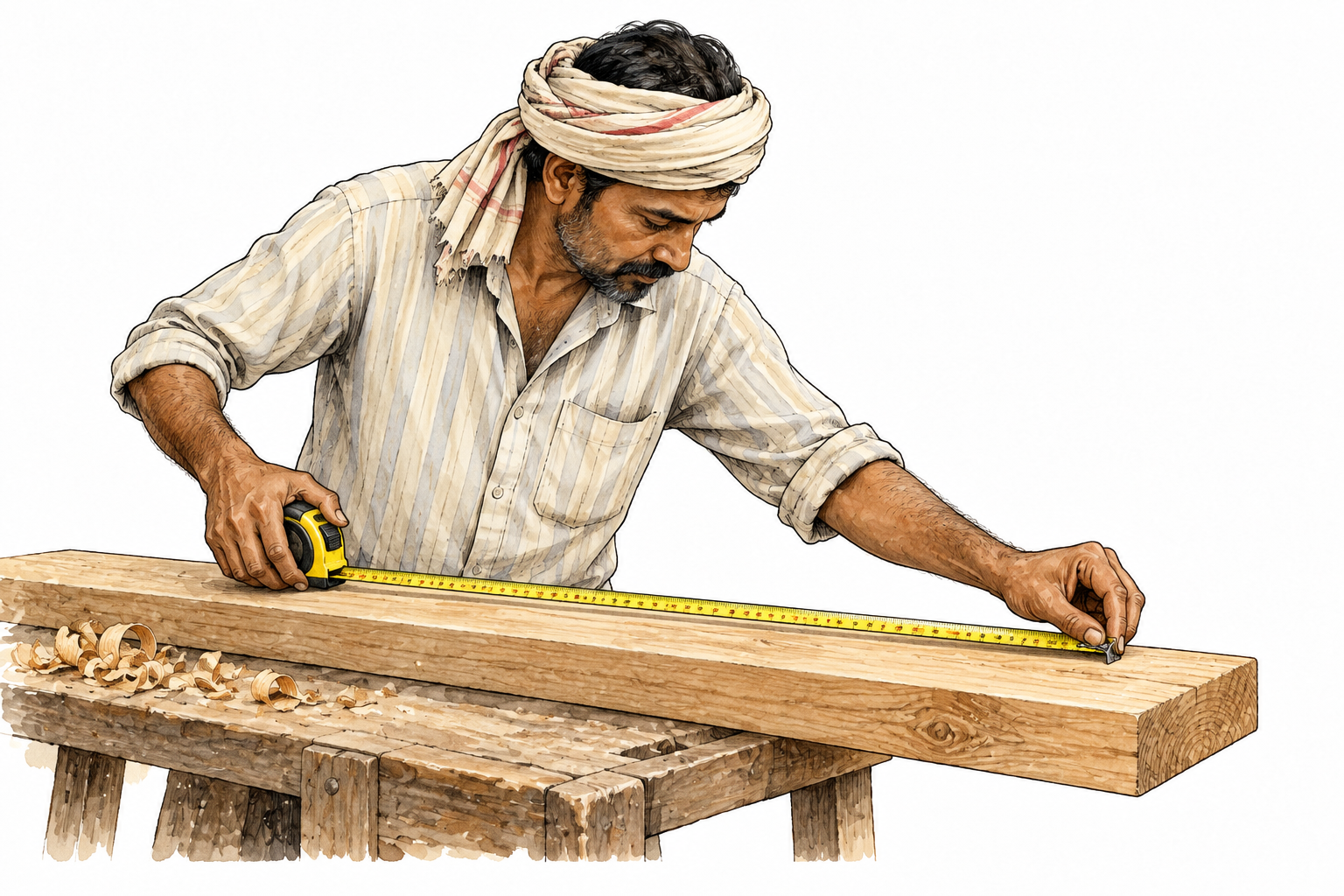 South Asian carpenter uses tape measure carefully along board, markings restrained and plausible.