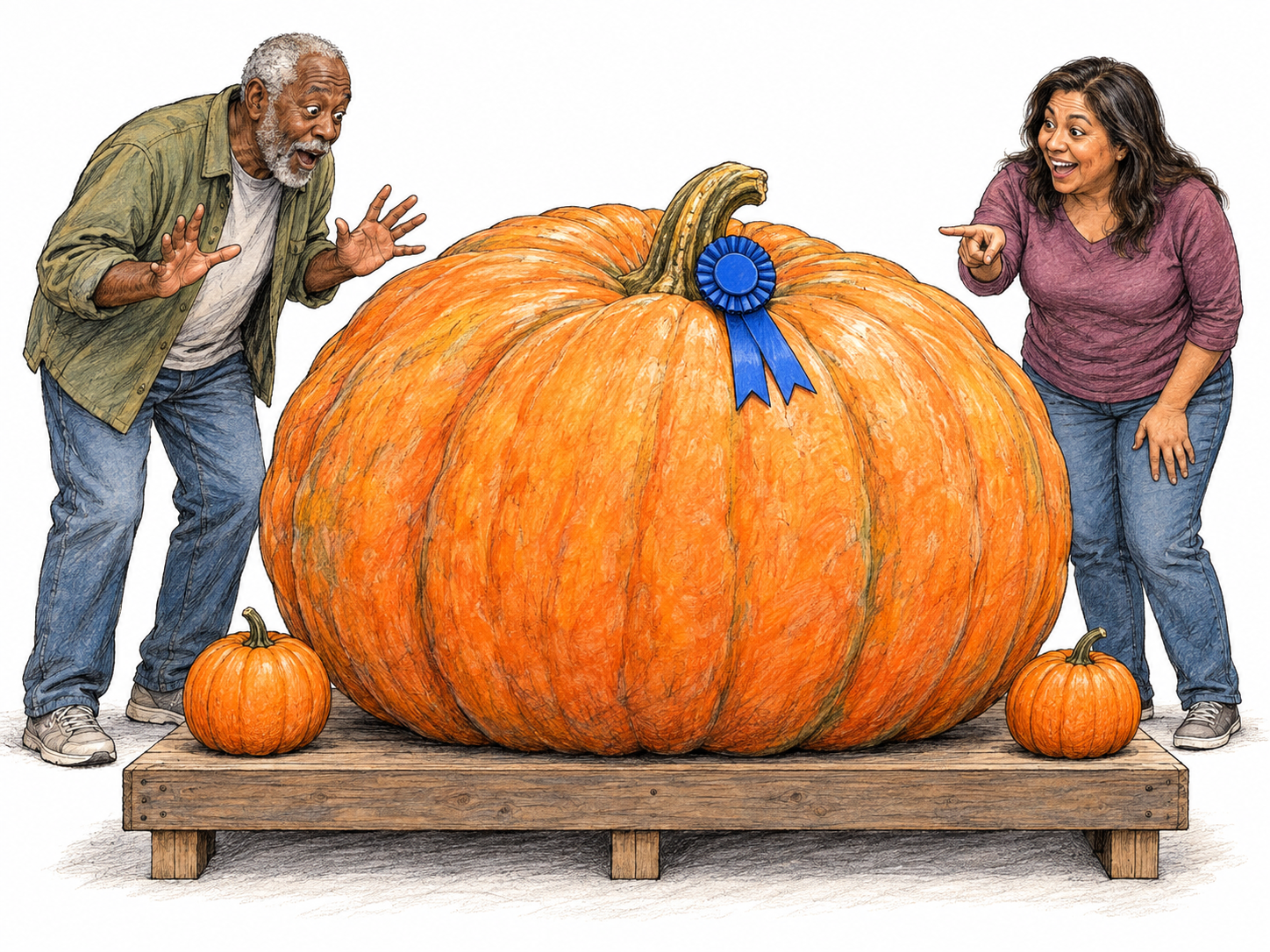 At a produce competition, an enormous healthy pumpkin dwarfs two ordinary pumpkins on the same display.