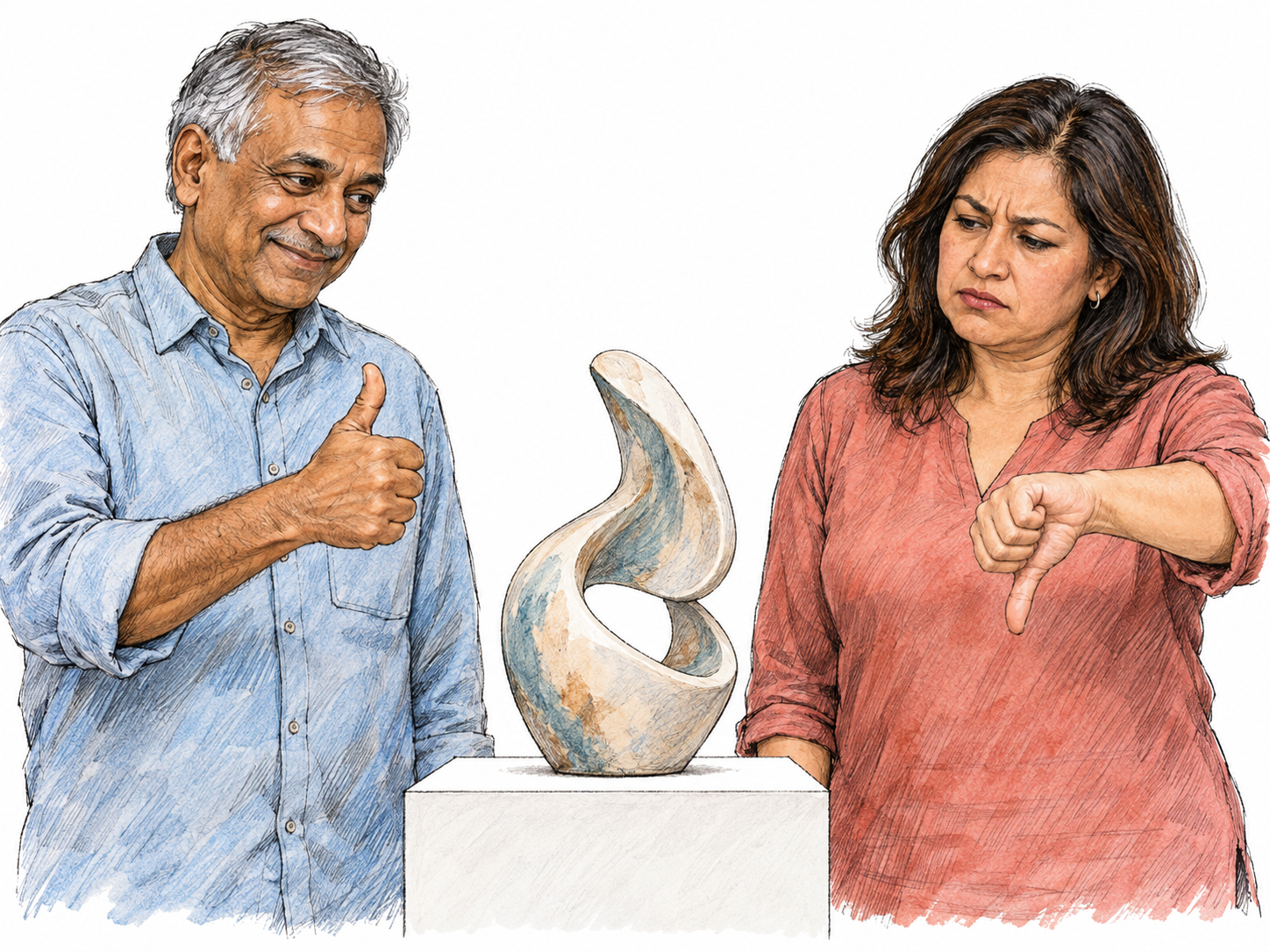Two adults evaluating the same small abstract sculpture express opposing judgments: the man gives it a thumbs-up while the woman gives it a thumbs-down.