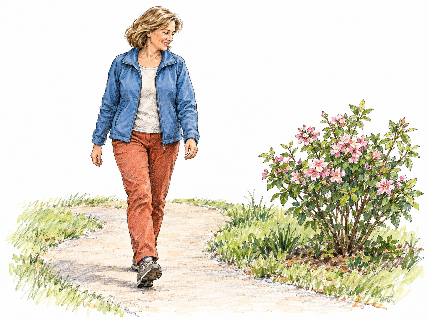 A cheerful middle-aged woman wanders along a gently curving park path, pausing mid-stride to look toward a flowering shrub, conveying an unhurried outing purely for pleasure.