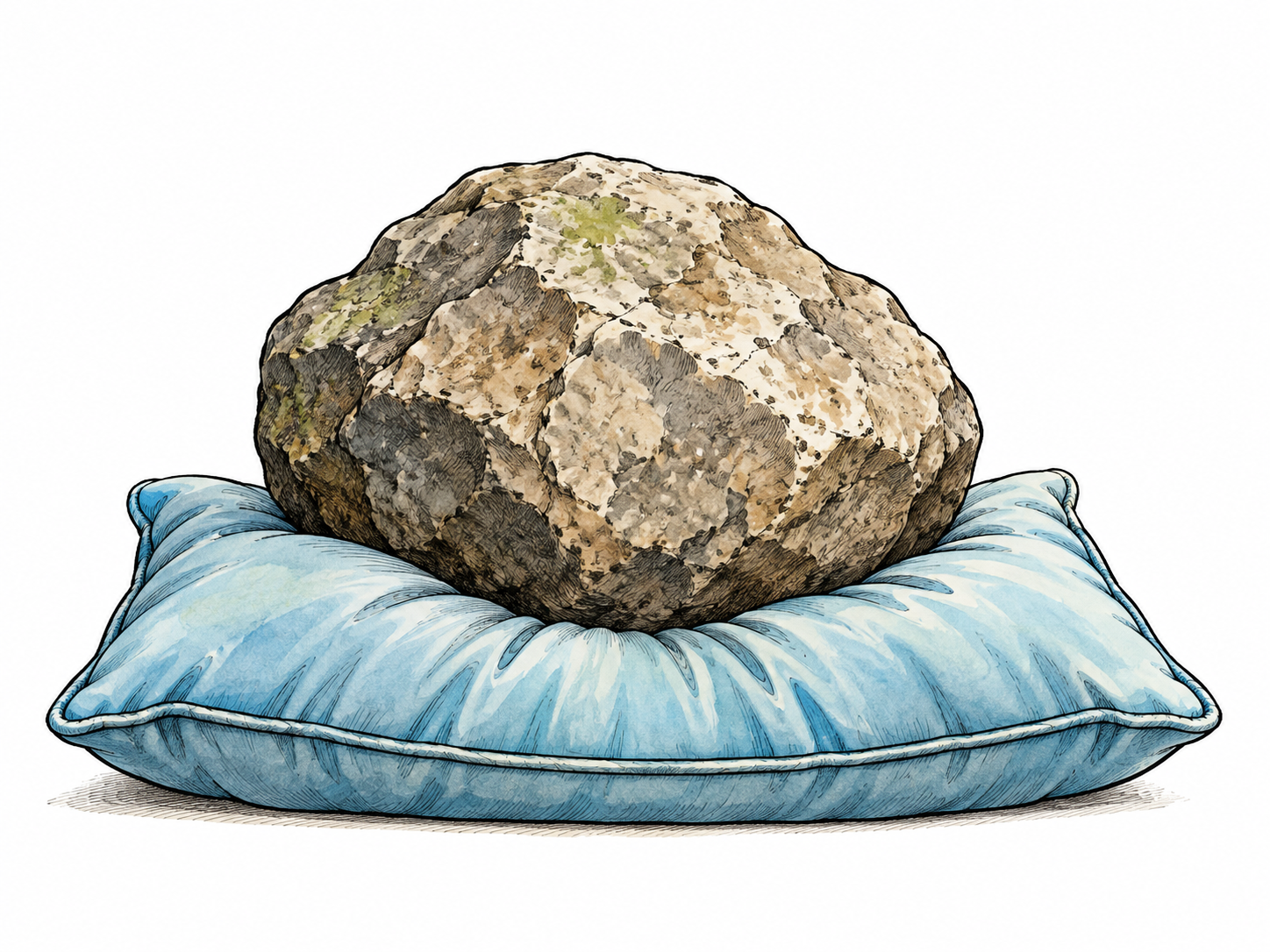 A heavy stone visibly compresses a soft cushion underneath, physical force and contact clear, plain background, no text.